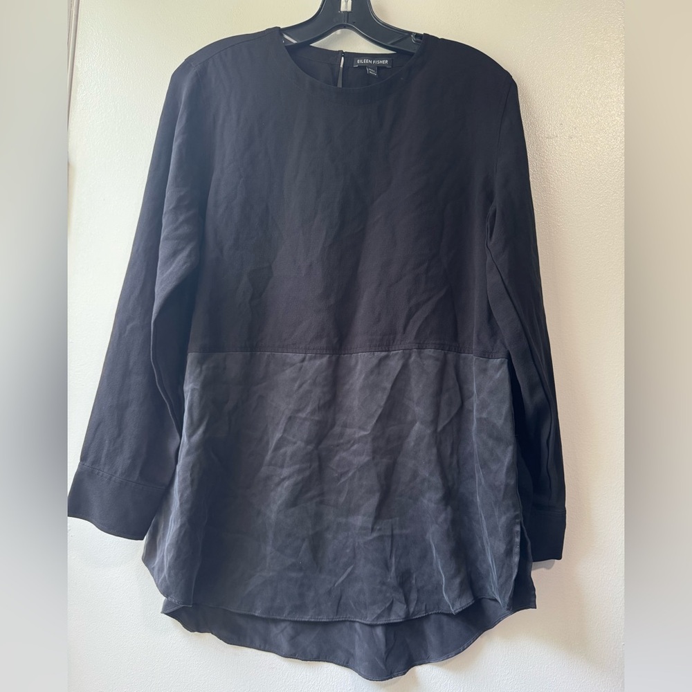 Eileen Fisher Deep Hemlock Black Mixed Silk Crepe Tunic Long Sleeve Blouse - Picture 5 of 13